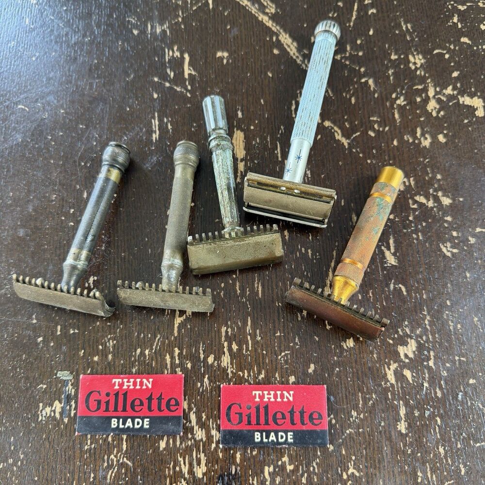 Antique Safety Shaving Razors Lot + Gillette Thin Blades